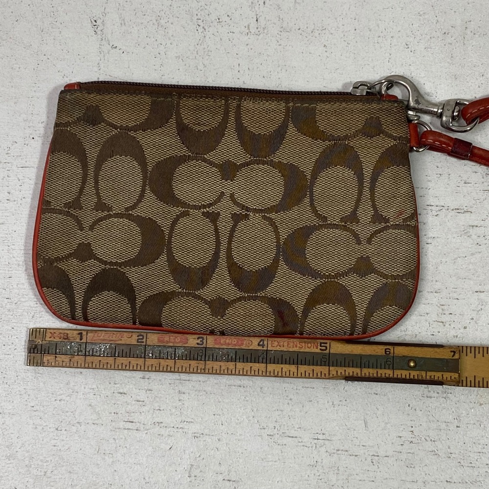 Coach Signature Monogram Canvas Wristlet Brown Orange Trim Y2K Zip Pouch - Picture 4 of 8